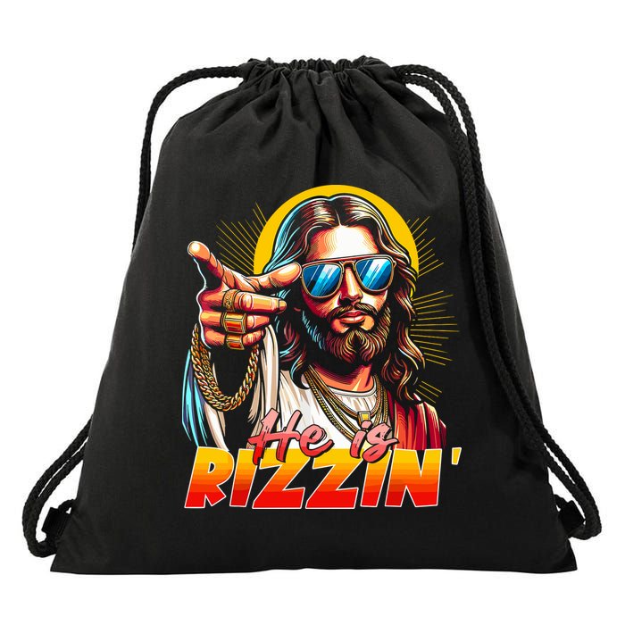He Is Rizzin' Funny Jesus Christian Happy Easter Eggs  Drawstring Bag