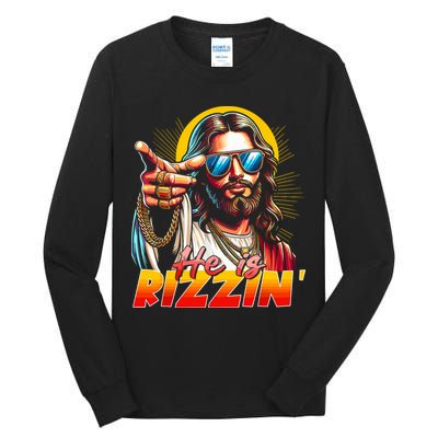 He Is Rizzin' Funny Jesus Christian Happy Easter Eggs  Tall Long Sleeve T-Shirt