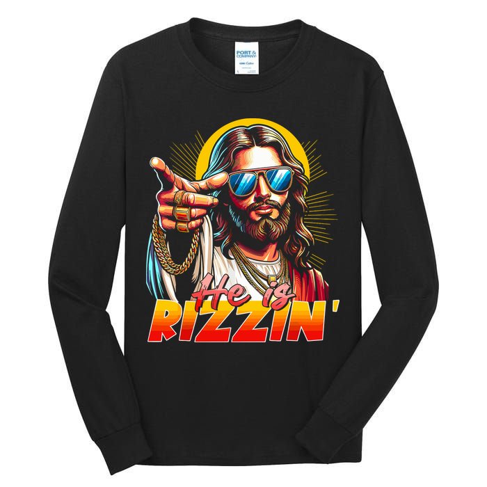 He Is Rizzin' Funny Jesus Christian Happy Easter Eggs  Tall Long Sleeve T-Shirt