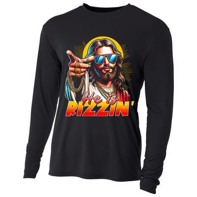 He Is Rizzin' Funny Jesus Christian Happy Easter Eggs  Cooling Performance Long Sleeve Crew