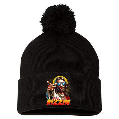 He Is Rizzin' Funny Jesus Christian Happy Easter Eggs  Pom Pom 12in Knit Beanie