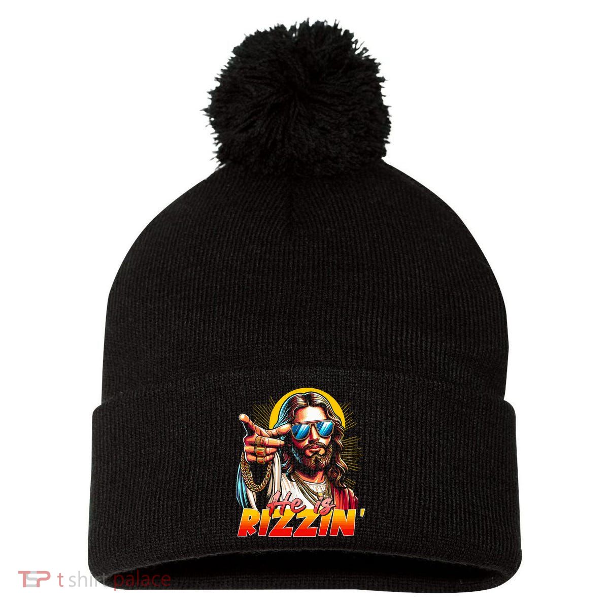 He Is Rizzin' Funny Jesus Christian Happy Easter Eggs  Pom Pom 12in Knit Beanie
