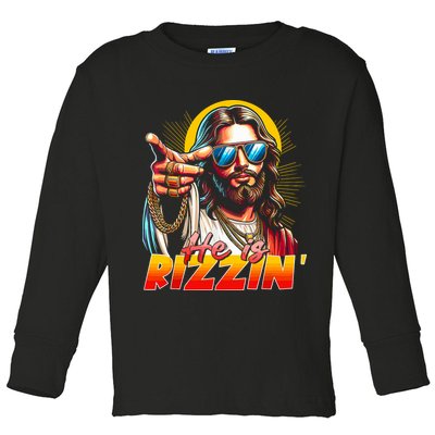 He Is Rizzin' Funny Jesus Christian Happy Easter Eggs  Toddler Long Sleeve Shirt