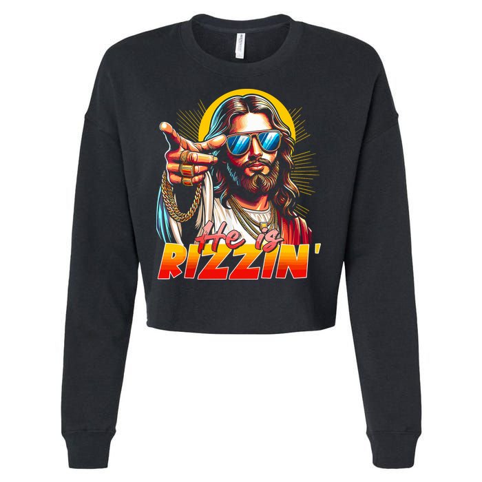 He Is Rizzin' Funny Jesus Christian Happy Easter Eggs  Cropped Pullover Crew