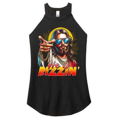 He Is Rizzin' Funny Jesus Christian Happy Easter Eggs  Women's Perfect Tri Rocker Tank