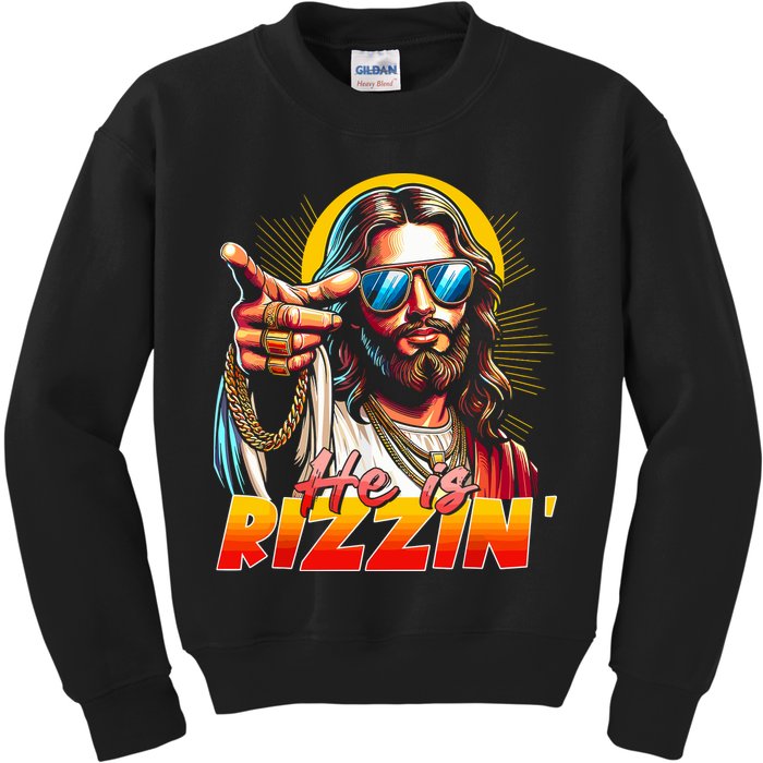 He Is Rizzin' Funny Jesus Christian Happy Easter Eggs  Kids Sweatshirt