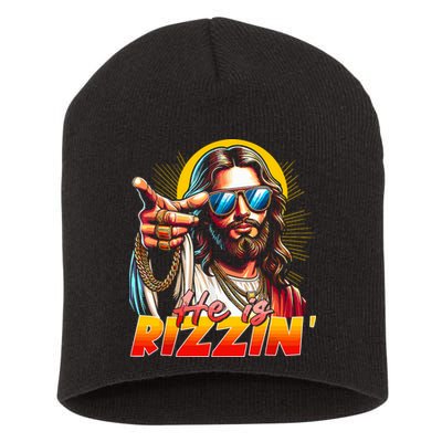 He Is Rizzin' Funny Jesus Christian Happy Easter Eggs  Short Acrylic Beanie