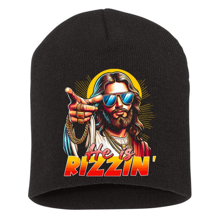 He Is Rizzin' Funny Jesus Christian Happy Easter Eggs  Short Acrylic Beanie