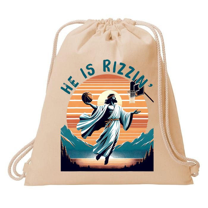 He Is Rizzin Basketball Jesus Retro Easter Christian Drawstring Bag