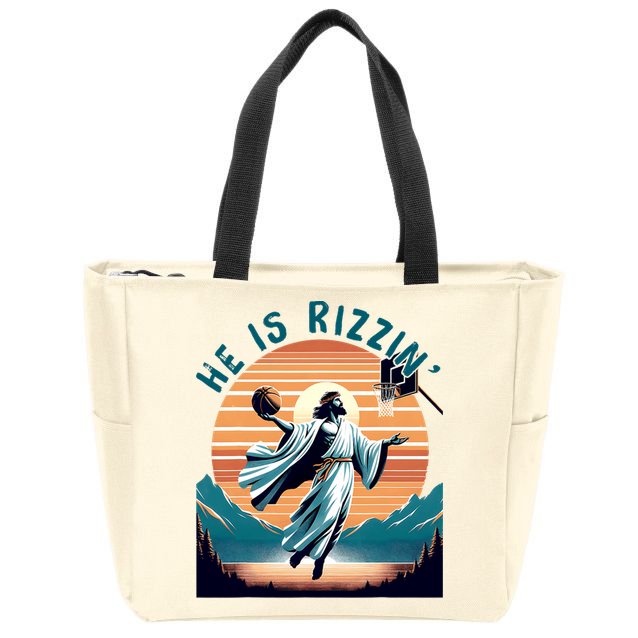 He Is Rizzin Basketball Jesus Retro Easter Christian Zip Tote Bag