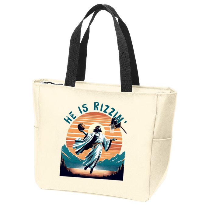 He Is Rizzin Basketball Jesus Retro Easter Christian Zip Tote Bag