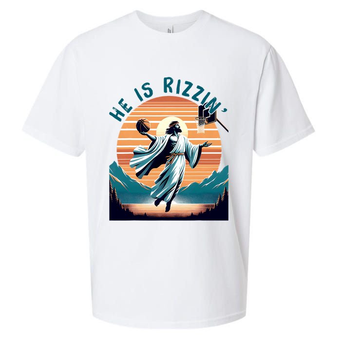 He Is Rizzin Basketball Jesus Retro Easter Christian Sueded Cloud Jersey T-Shirt