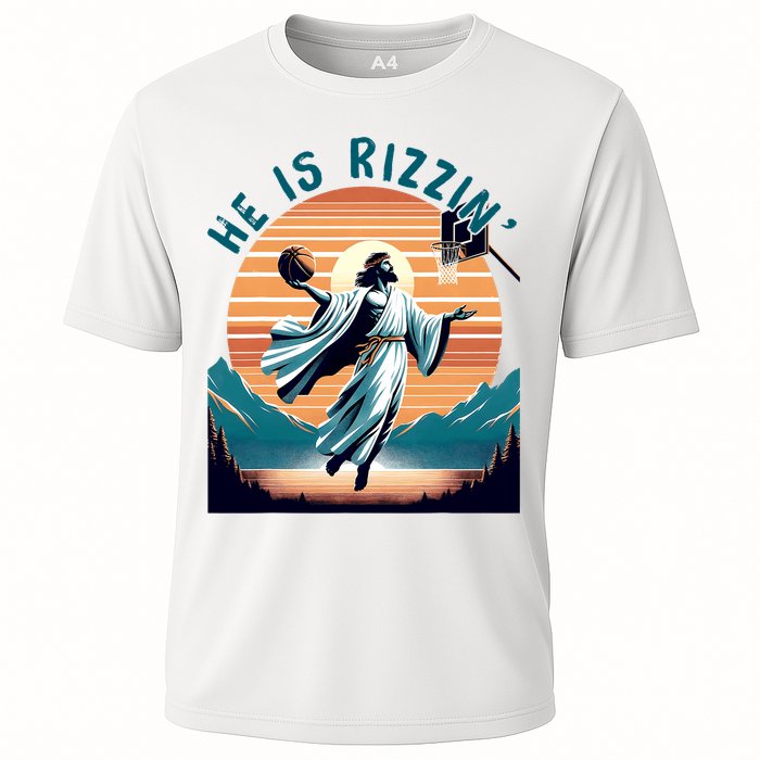 He Is Rizzin Basketball Jesus Retro Easter Christian Cooling Performance Crew T-Shirt