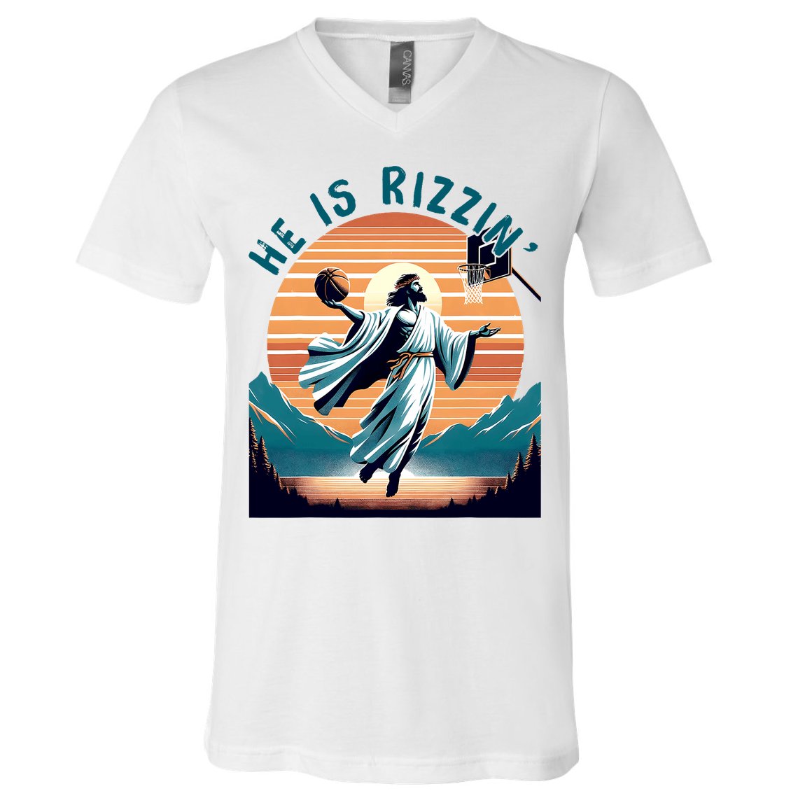 He Is Rizzin Basketball Jesus Retro Easter Christian V-Neck T-Shirt