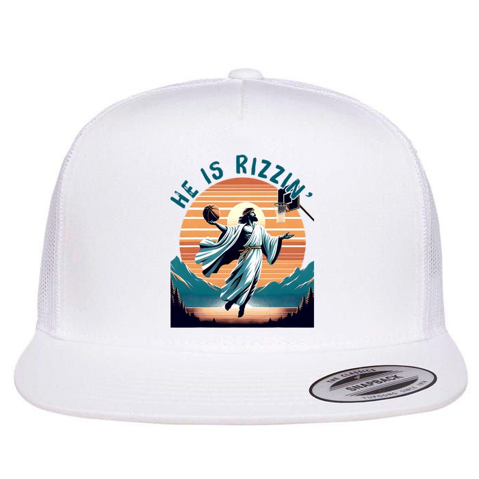 He Is Rizzin Basketball Jesus Retro Easter Christian Flat Bill Trucker Hat