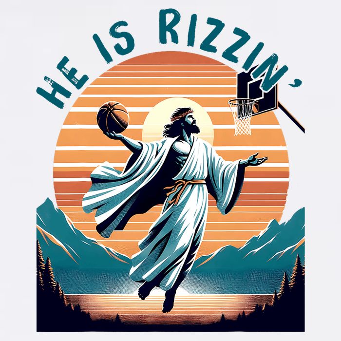 He Is Rizzin Basketball Jesus Retro Easter Christian Flat Bill Trucker Hat
