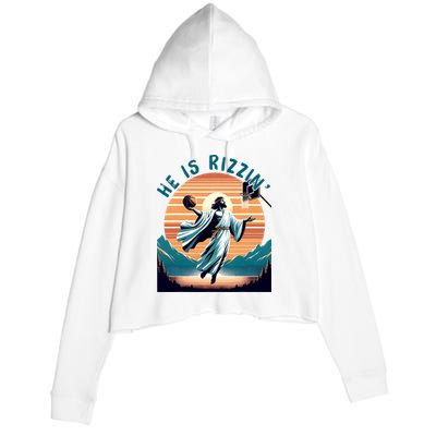 He Is Rizzin Basketball Jesus Retro Easter Christian Crop Fleece Hoodie