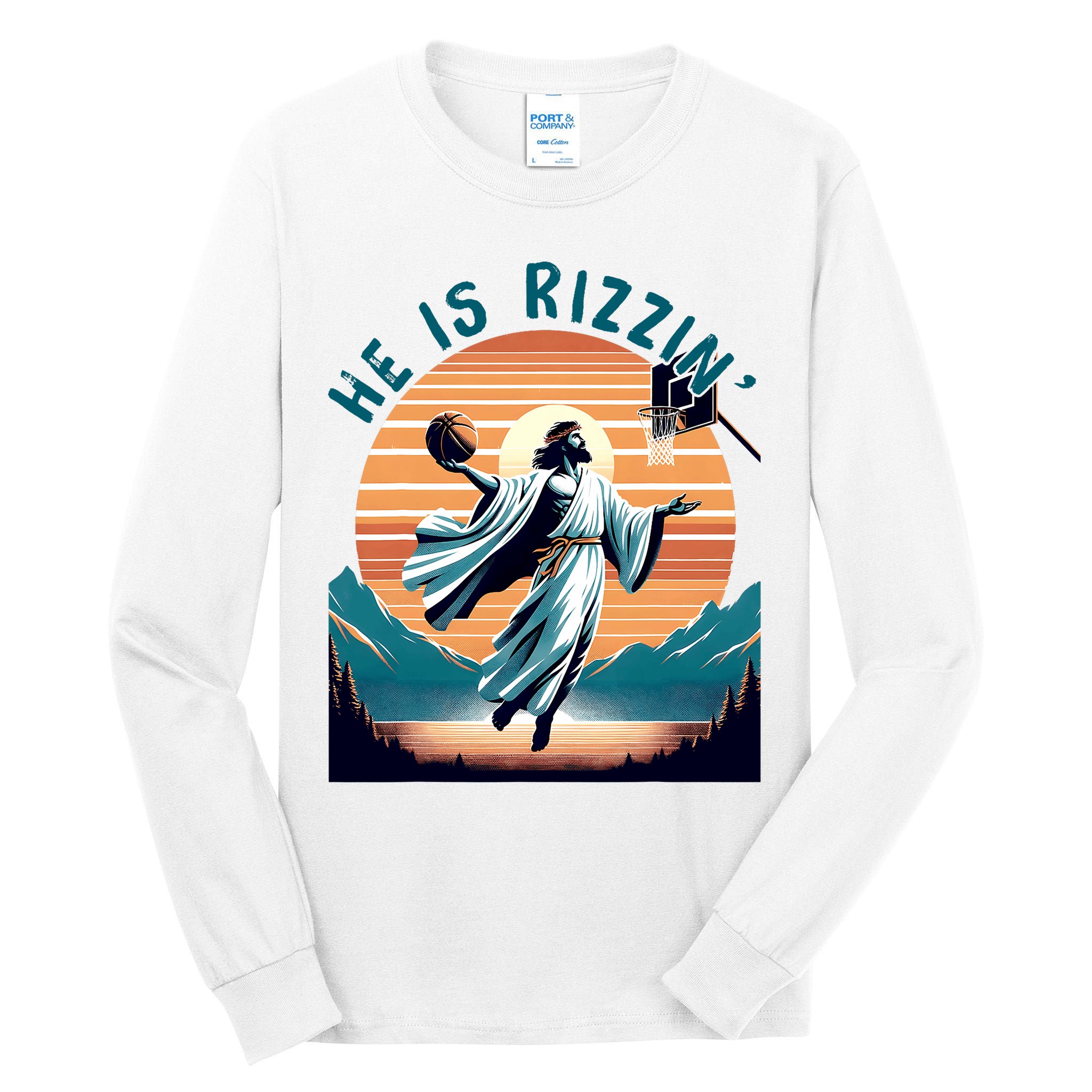 He Is Rizzin Basketball Jesus Retro Easter Christian Tall Long Sleeve T-Shirt