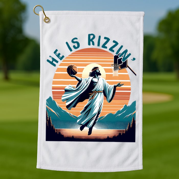 He Is Rizzin Basketball Jesus Retro Easter Christian Golf Towel