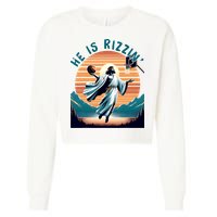 He Is Rizzin Basketball Jesus Retro Easter Christian Cropped Pullover Crew