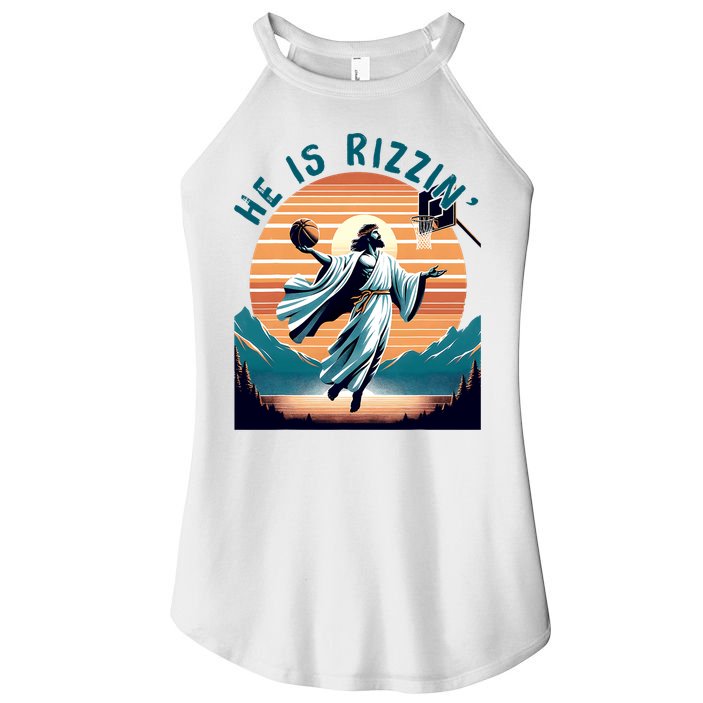 He Is Rizzin Basketball Jesus Retro Easter Christian Women's Perfect Tri Rocker Tank
