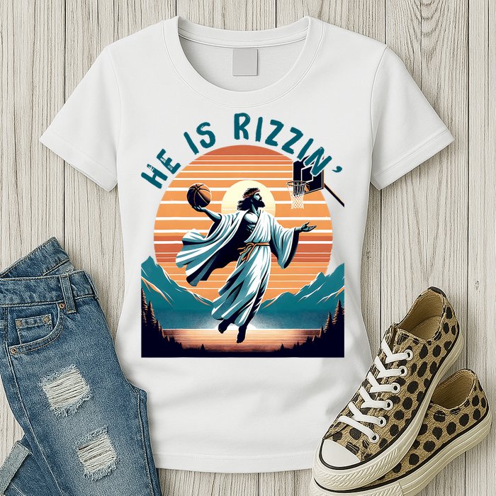He Is Rizzin Basketball Jesus Retro Easter Christian Womens T-Shirt