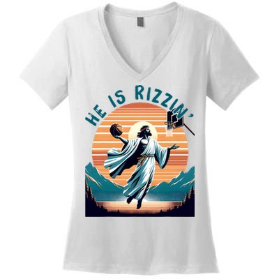 He Is Rizzin Basketball Jesus Retro Easter Christian Women's V-Neck T-Shirt