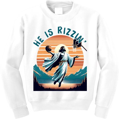 He Is Rizzin Basketball Jesus Retro Easter Christian Kids Sweatshirt