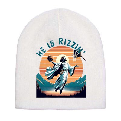 He Is Rizzin Basketball Jesus Retro Easter Christian Short Acrylic Beanie