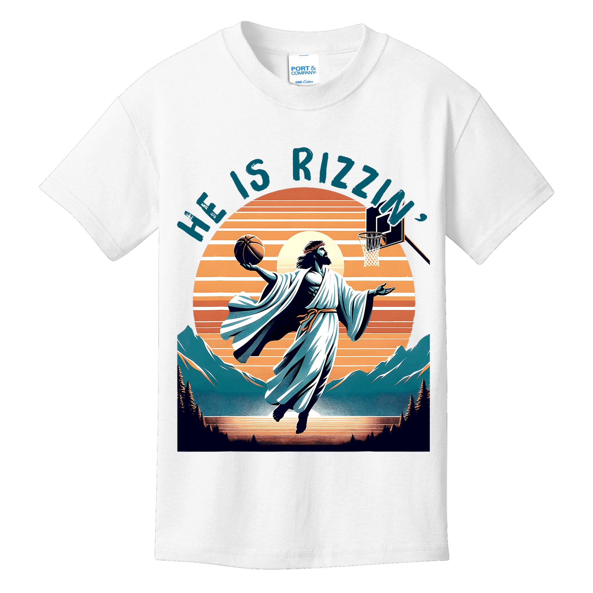 He Is Rizzin Basketball Jesus Retro Easter Christian Kids T-Shirt