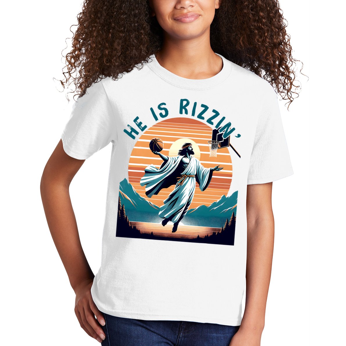 He Is Rizzin Basketball Jesus Retro Easter Christian Kids T-Shirt