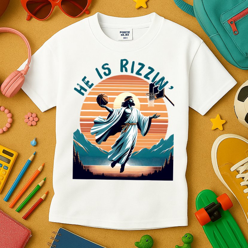 He Is Rizzin Basketball Jesus Retro Easter Christian Kids T-Shirt