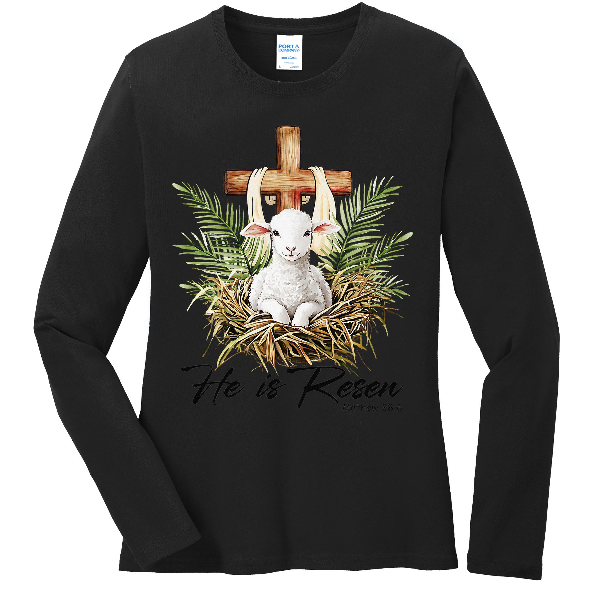 He Is Risen Lamb Cross Jesus Religious Christian Women Ladies Long Sleeve Shirt