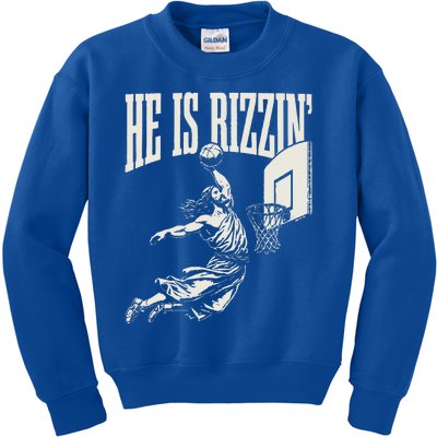 He Is Rizzin Jesus Playing Basketball Kids Sweatshirt