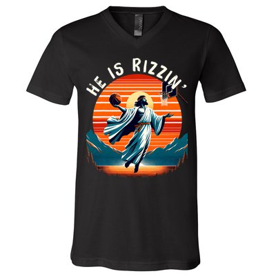 He Is Rizzin Basketball Jesus Retro Easter Christian Trendy Design V-Neck T-Shirt