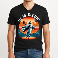 He Is Rizzin Basketball Jesus Retro Easter Christian Trendy Design V-Neck T-Shirt