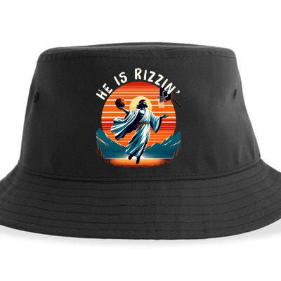 He Is Rizzin Basketball Jesus Retro Easter Christian Trendy Design Sustainable Bucket Hat