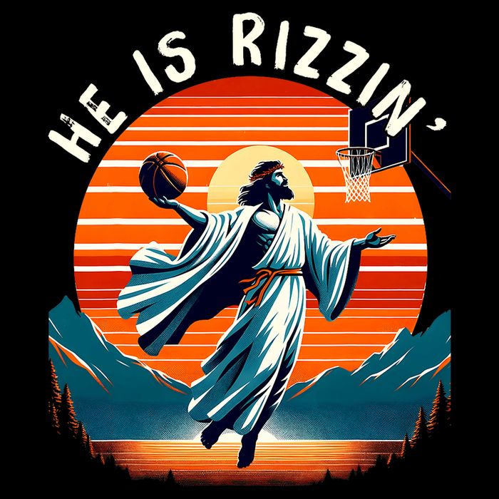 He Is Rizzin Basketball Jesus Retro Easter Christian Trendy Design Sustainable Bucket Hat