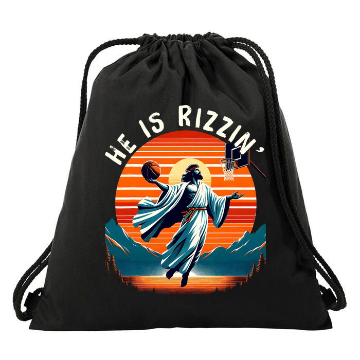 He Is Rizzin Basketball Jesus Retro Easter Christian Trendy Design Drawstring Bag