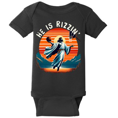 He Is Rizzin Basketball Jesus Retro Easter Christian Trendy Design Baby Bodysuit