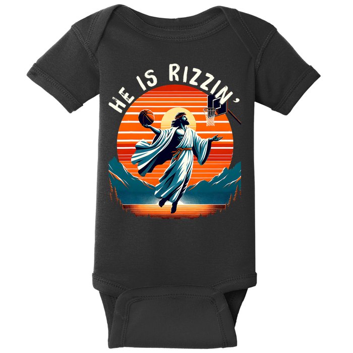 He Is Rizzin Basketball Jesus Retro Easter Christian Trendy Design Baby Bodysuit