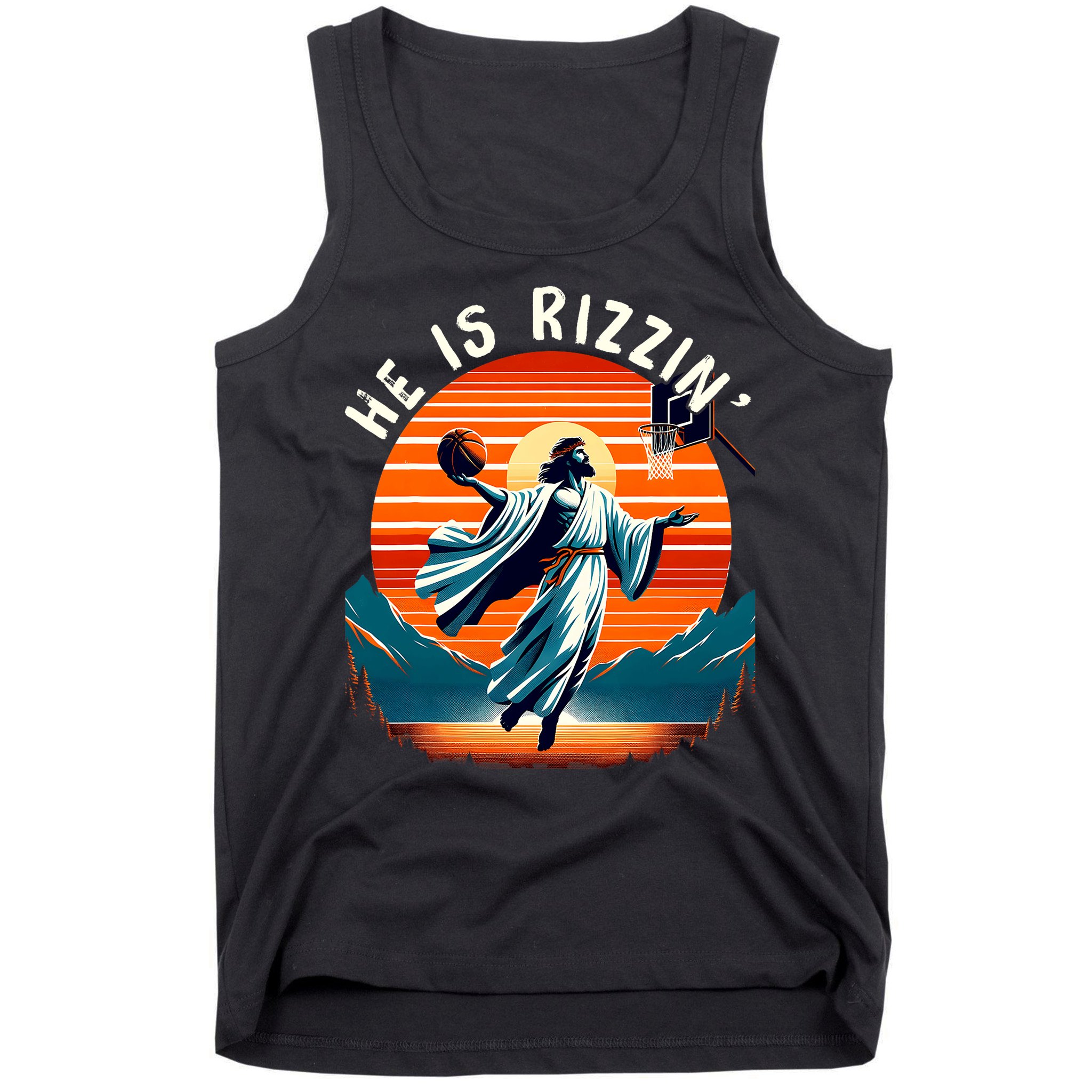 He Is Rizzin Basketball Jesus Retro Easter Christian Trendy Design Tank Top