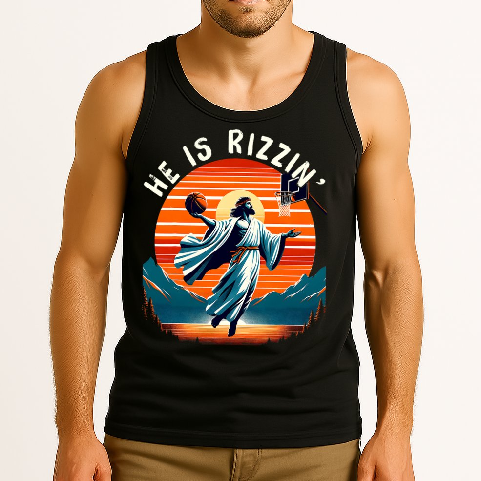 He Is Rizzin Basketball Jesus Retro Easter Christian Trendy Design Tank Top