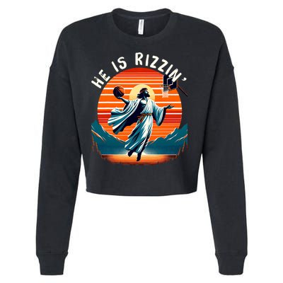 He Is Rizzin Basketball Jesus Retro Easter Christian Trendy Design Cropped Pullover Crew