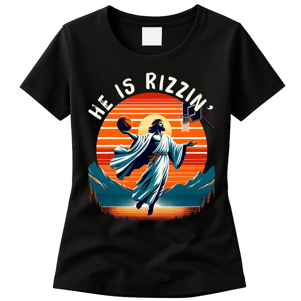 He Is Rizzin Basketball Jesus Retro Easter Christian Trendy Design Womens T-Shirt