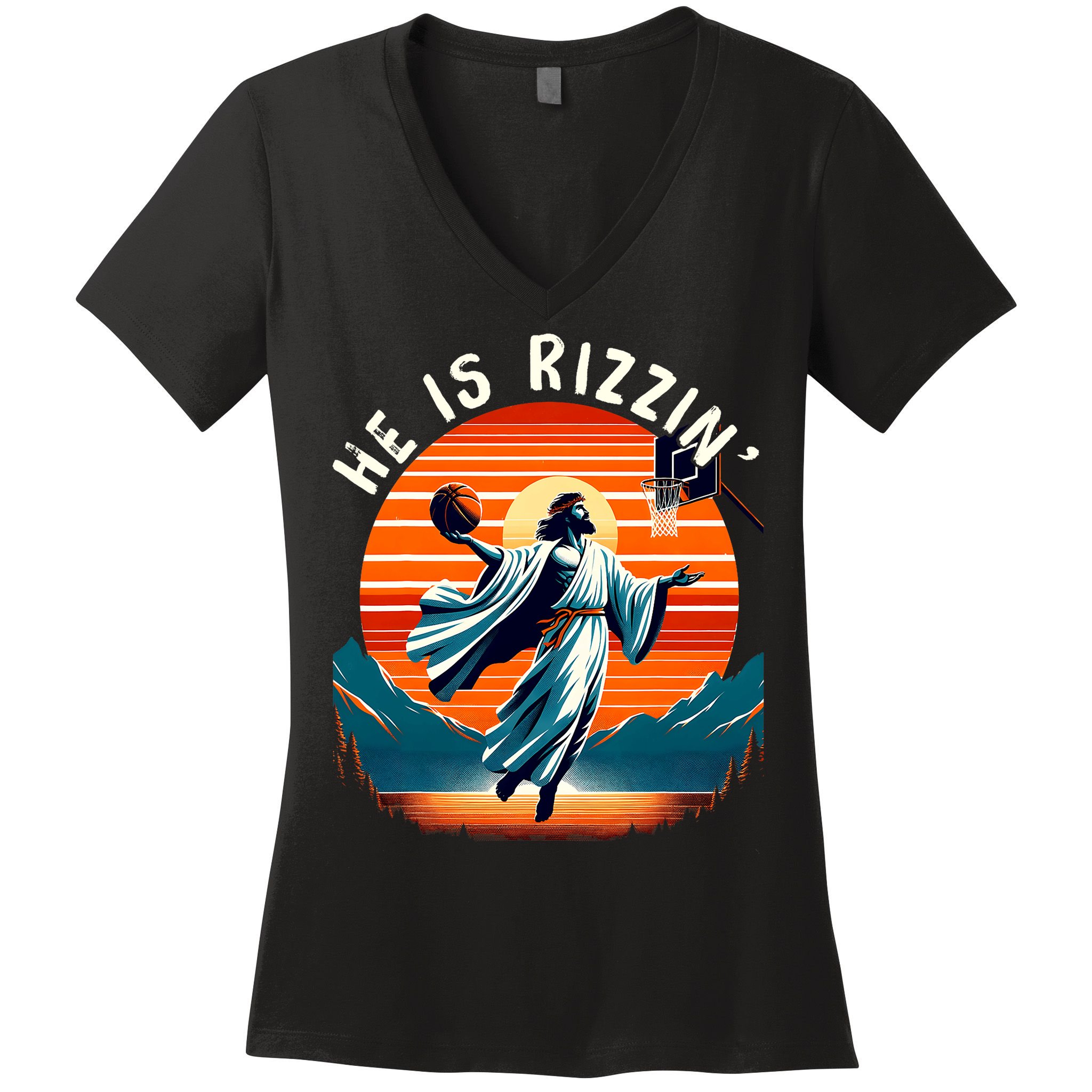 He Is Rizzin Basketball Jesus Retro Easter Christian Trendy Design Women's V-Neck T-Shirt