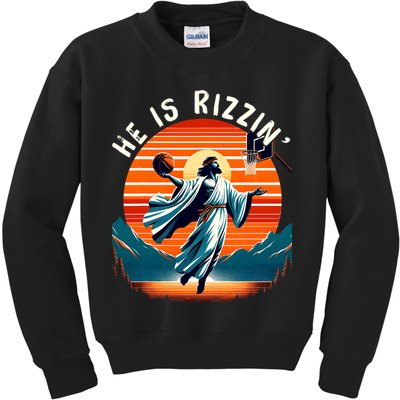 He Is Rizzin Basketball Jesus Retro Easter Christian Trendy Design Kids Sweatshirt