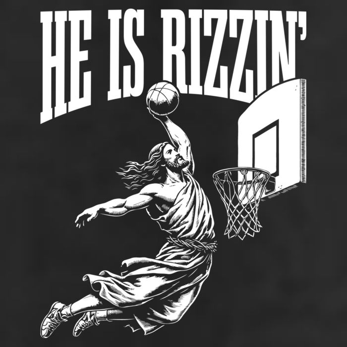 He Is Rizzin Funny Jesus Meme He Is Rizzen 7 Panel Mesh Trucker Snapback Hat