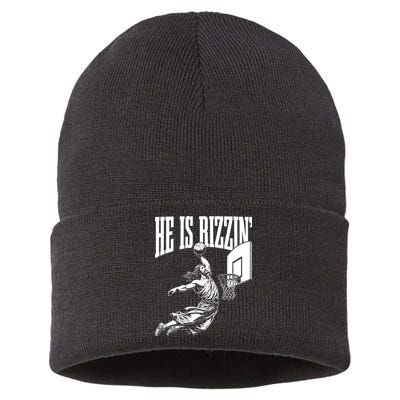 He Is Rizzin Funny Jesus Meme He Is Rizzen Sustainable Knit Beanie