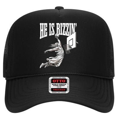 He Is Rizzin Basketball Jesus Dunk Memes Humor High Crown Mesh Back Trucker Hat